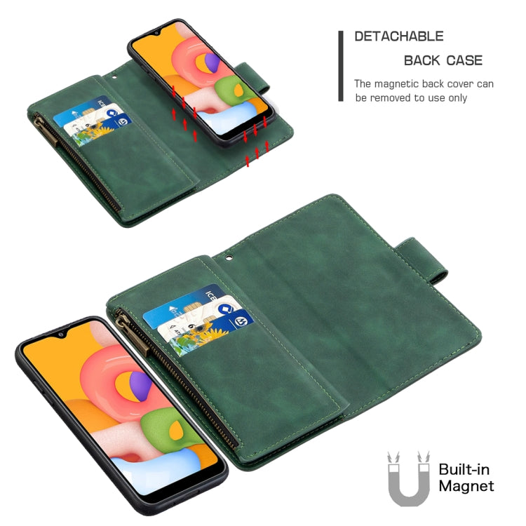 For Samsung Galaxy A01 Skin Feel Detachable Magnetic Zipper Horizontal Flip PU Leather Case with Multi-Card Slots & Holder & Wallet & Photo Frame & Lanyard
