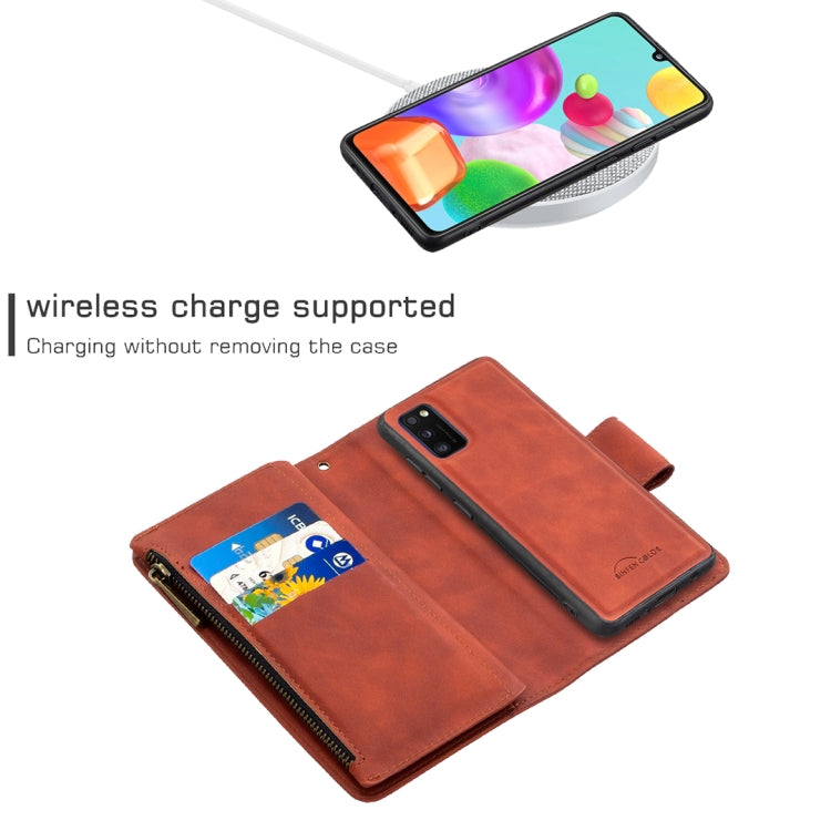 For Samsung Galaxy A41 Skin Feel Detachable Magnetic Zipper Horizontal Flip PU Leather Case with Multi-Card Slots & Holder & Wallet & Photo Frame & Lanyard