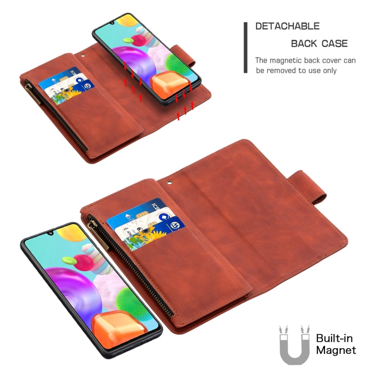 For Samsung Galaxy A41 Skin Feel Detachable Magnetic Zipper Horizontal Flip PU Leather Case with Multi-Card Slots & Holder & Wallet & Photo Frame & Lanyard