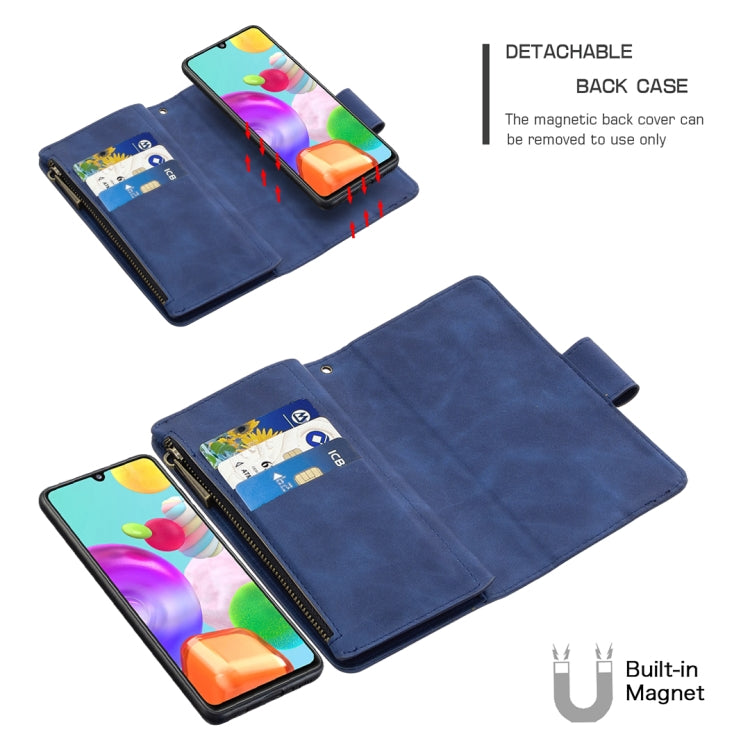 For Samsung Galaxy A41 Skin Feel Detachable Magnetic Zipper Horizontal Flip PU Leather Case with Multi-Card Slots & Holder & Wallet & Photo Frame & Lanyard