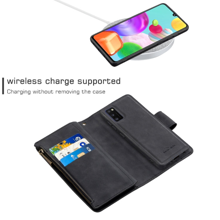For Samsung Galaxy A41 Skin Feel Detachable Magnetic Zipper Horizontal Flip PU Leather Case with Multi-Card Slots & Holder & Wallet & Photo Frame & Lanyard