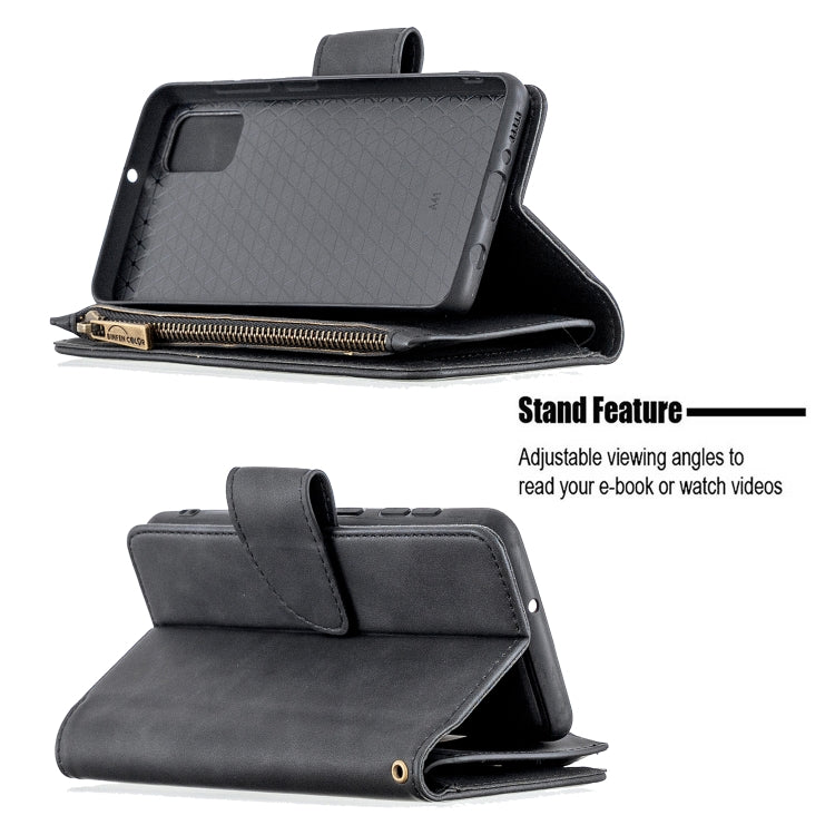 For Samsung Galaxy A41 Skin Feel Detachable Magnetic Zipper Horizontal Flip PU Leather Case with Multi-Card Slots & Holder & Wallet & Photo Frame & Lanyard