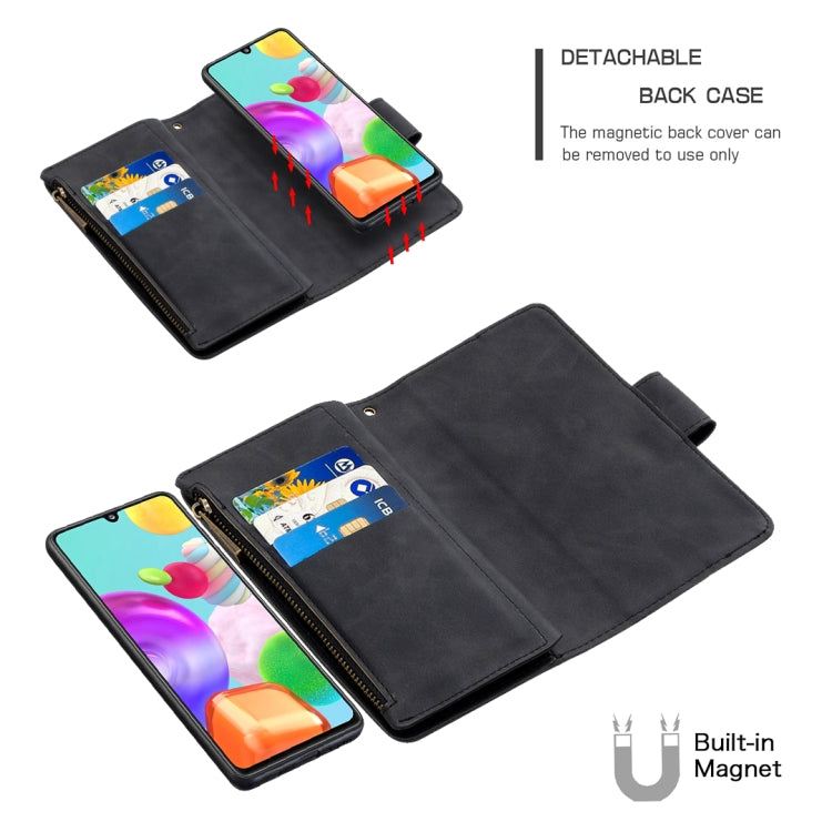For Samsung Galaxy A41 Skin Feel Detachable Magnetic Zipper Horizontal Flip PU Leather Case with Multi-Card Slots & Holder & Wallet & Photo Frame & Lanyard