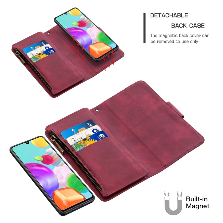 For Samsung Galaxy A41 Skin Feel Detachable Magnetic Zipper Horizontal Flip PU Leather Case with Multi-Card Slots & Holder & Wallet & Photo Frame & Lanyard
