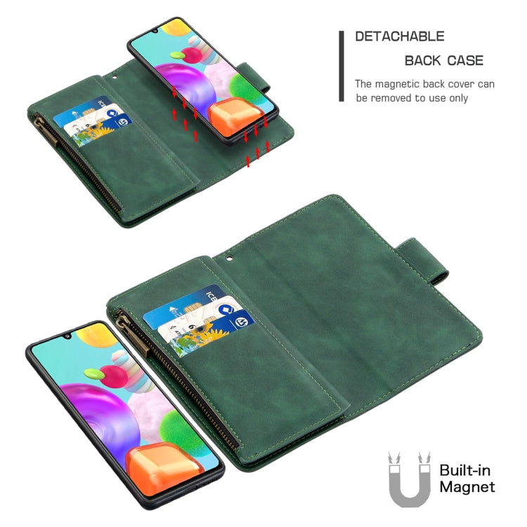 For Samsung Galaxy A41 Skin Feel Detachable Magnetic Zipper Horizontal Flip PU Leather Case with Multi-Card Slots & Holder & Wallet & Photo Frame & Lanyard