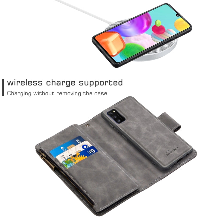 For Samsung Galaxy A41 Skin Feel Detachable Magnetic Zipper Horizontal Flip PU Leather Case with Multi-Card Slots & Holder & Wallet & Photo Frame & Lanyard