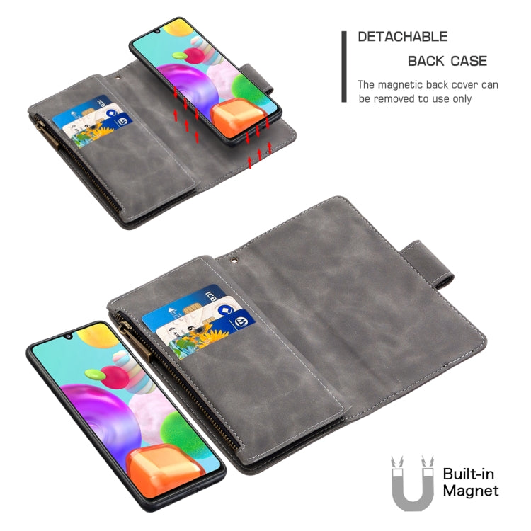 For Samsung Galaxy A41 Skin Feel Detachable Magnetic Zipper Horizontal Flip PU Leather Case with Multi-Card Slots & Holder & Wallet & Photo Frame & Lanyard