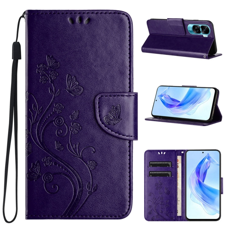 For Honor 90 Lite Butterfly Flower Pattern Flip Leather Phone Case