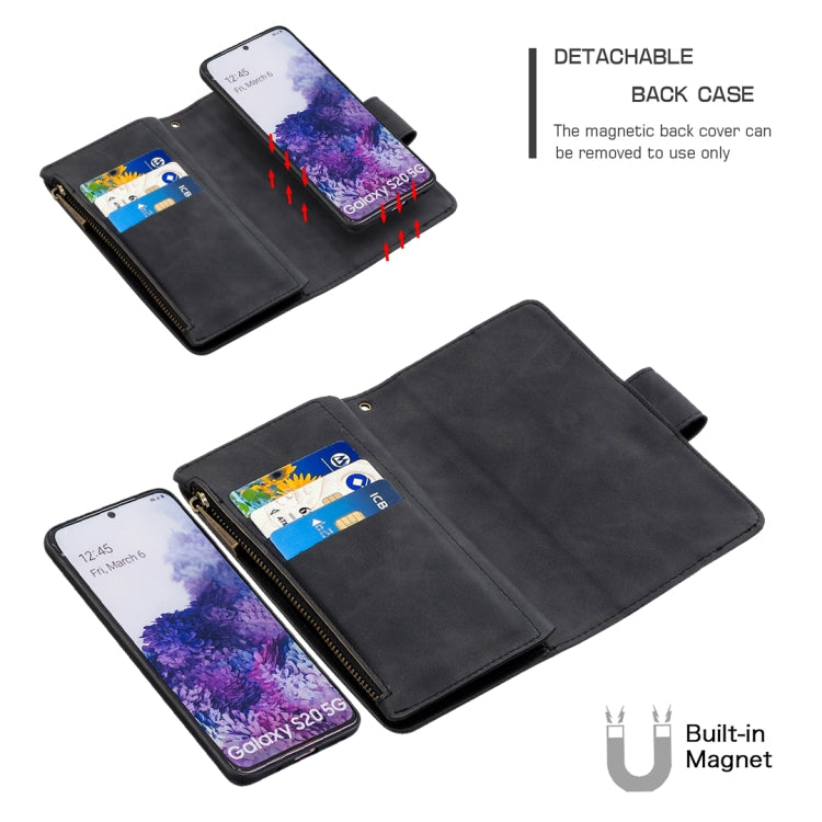 For Samsung Galaxy S20 Skin Feel Detachable Magnetic Zipper Horizontal Flip PU Leather Case with Multi-Card Slots & Holder & Wallet & Photo Frame & Lanyard