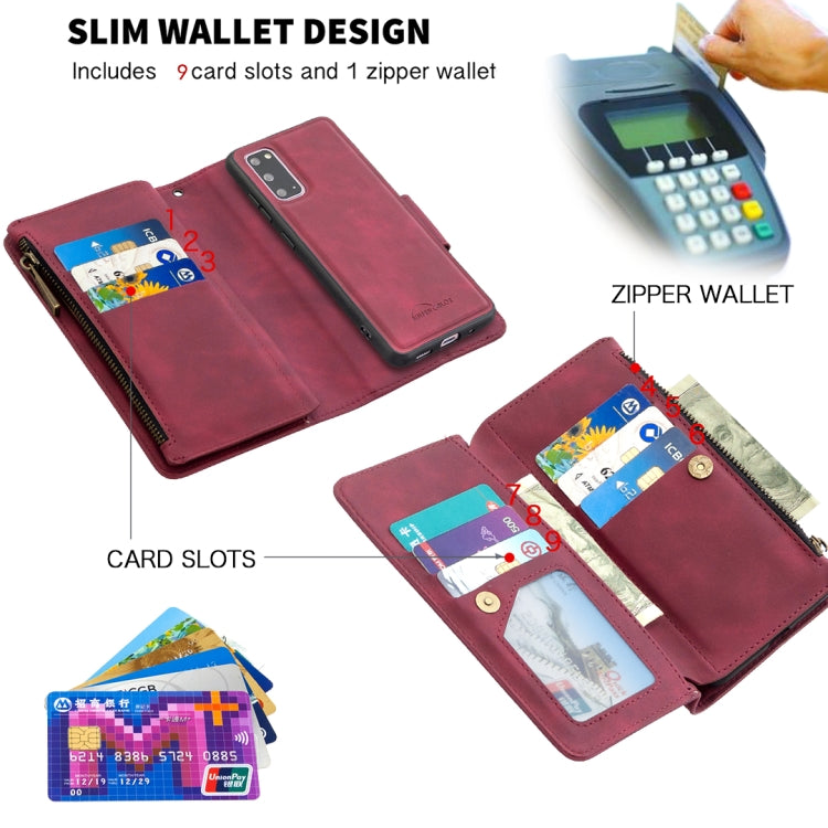 For Samsung Galaxy S20 Skin Feel Detachable Magnetic Zipper Horizontal Flip PU Leather Case with Multi-Card Slots & Holder & Wallet & Photo Frame & Lanyard