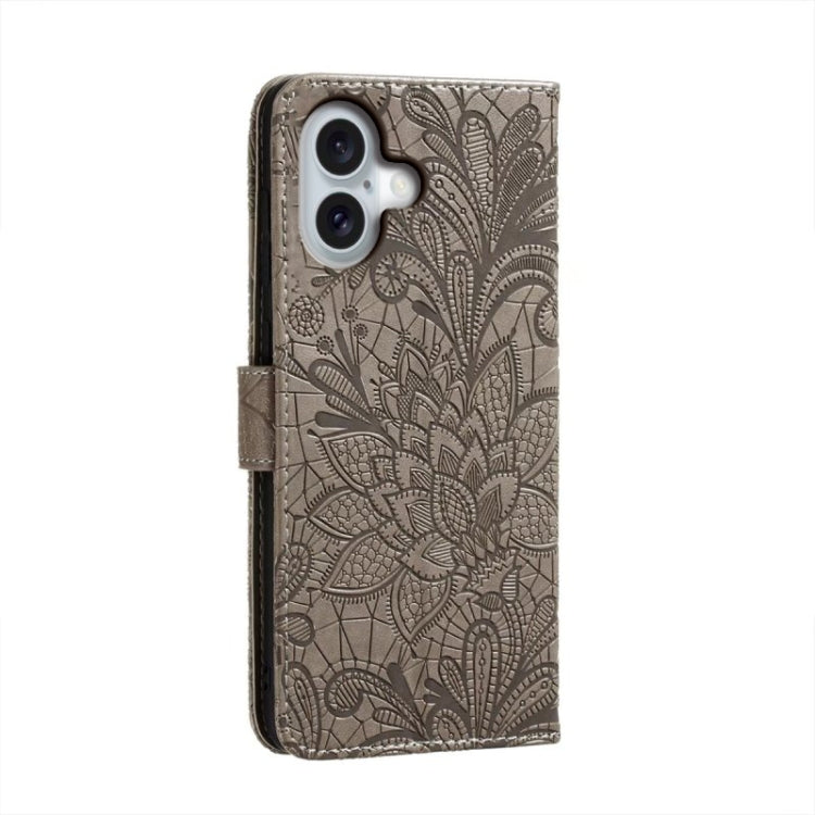 For iPhone 16 Lace Flower Embossing Flip Leather Phone Case