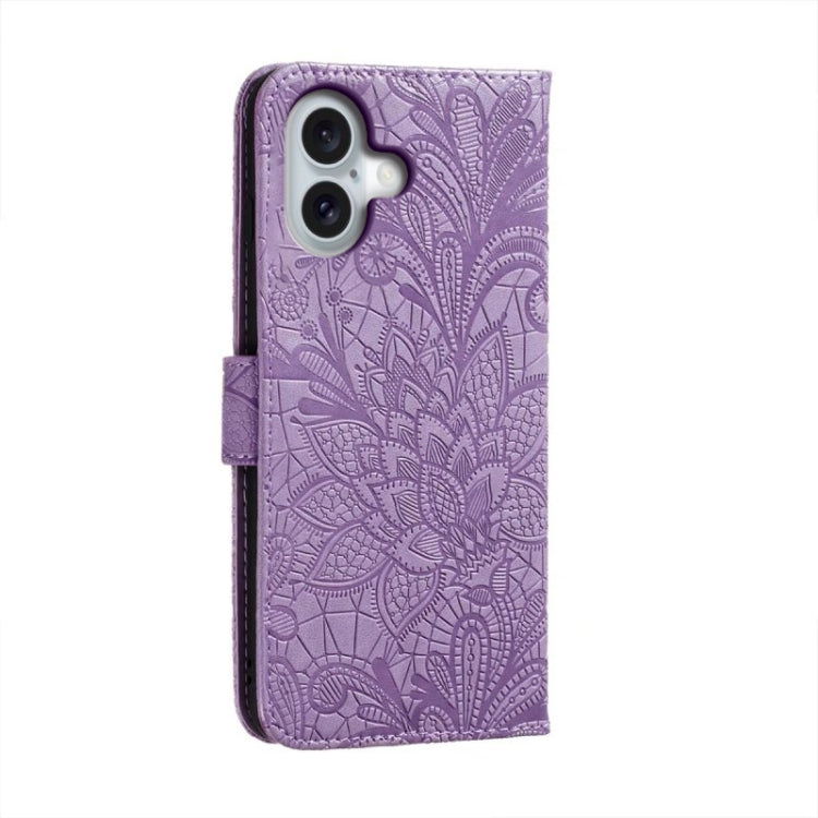 For iPhone 16 Lace Flower Embossing Flip Leather Phone Case