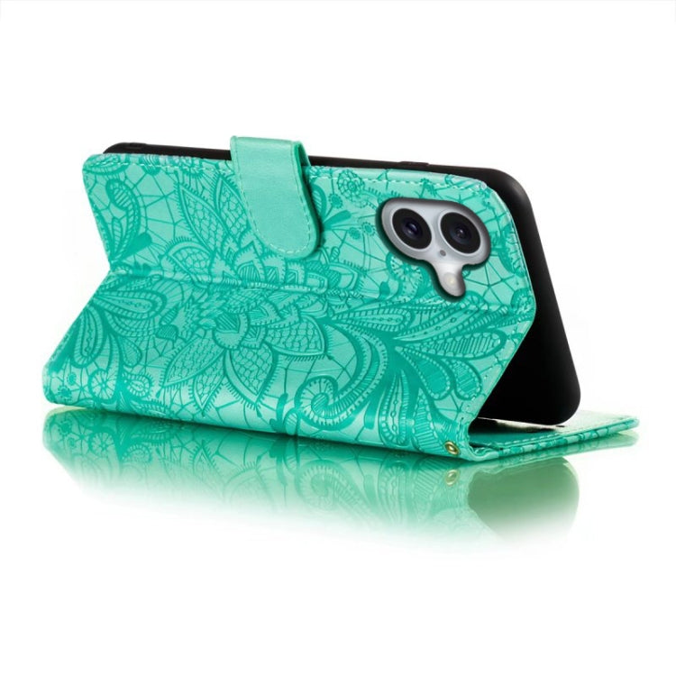 For iPhone 16 Lace Flower Embossing Flip Leather Phone Case