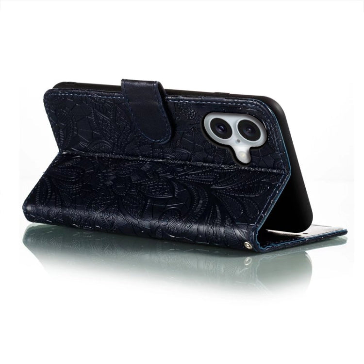 For iPhone 16 Lace Flower Embossing Flip Leather Phone Case