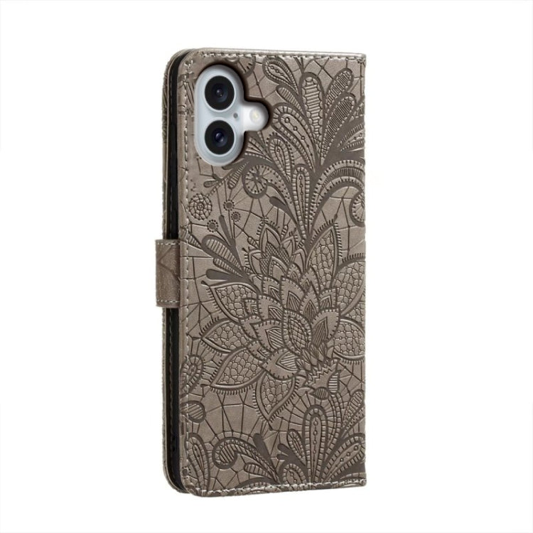 For iPhone 16 Plus Lace Flower Embossing Flip Leather Phone Case