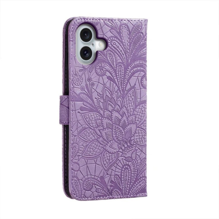 For iPhone 16 Plus Lace Flower Embossing Flip Leather Phone Case