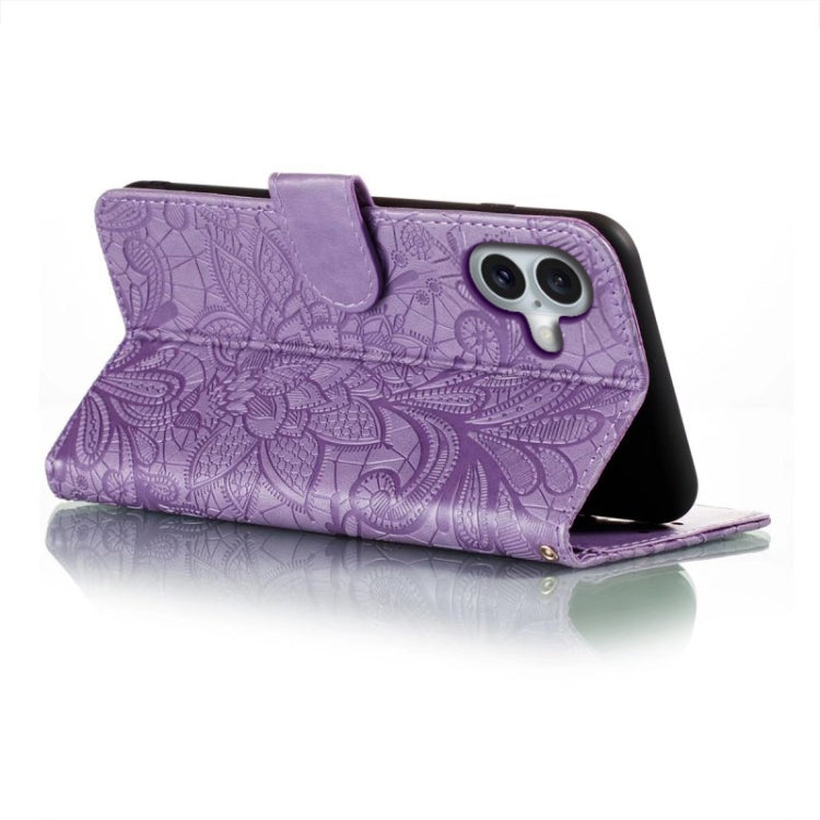 For iPhone 16 Plus Lace Flower Embossing Flip Leather Phone Case