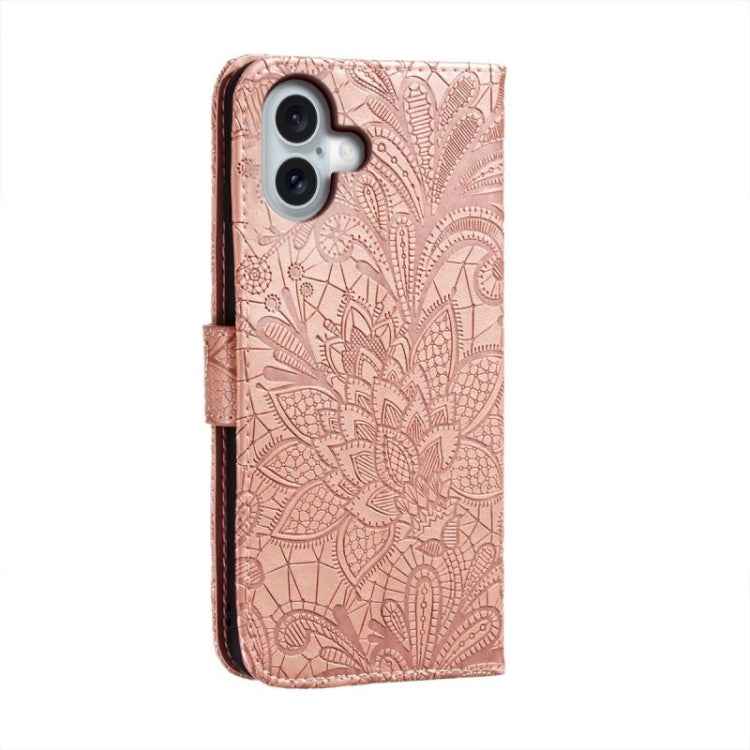 For iPhone 16 Plus Lace Flower Embossing Flip Leather Phone Case