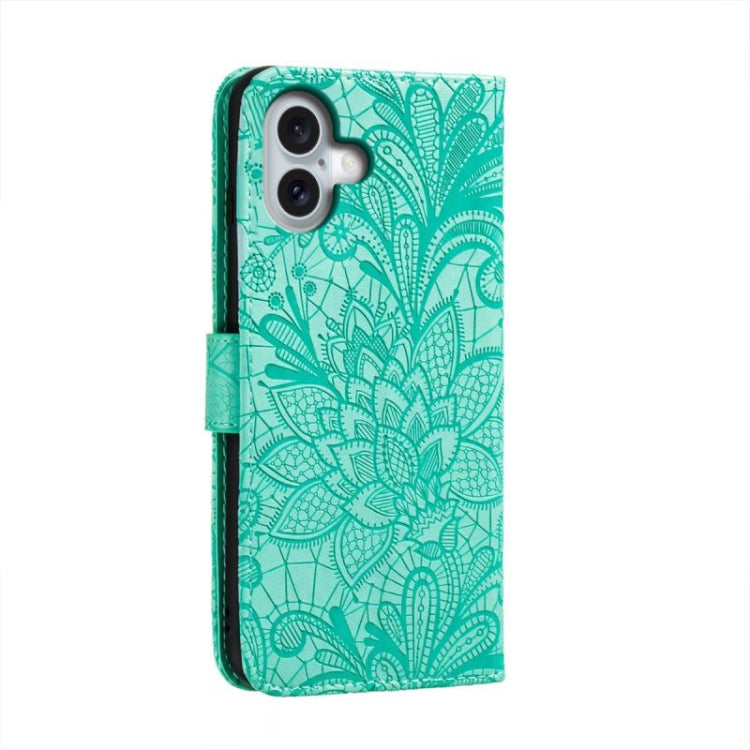For iPhone 16 Plus Lace Flower Embossing Flip Leather Phone Case