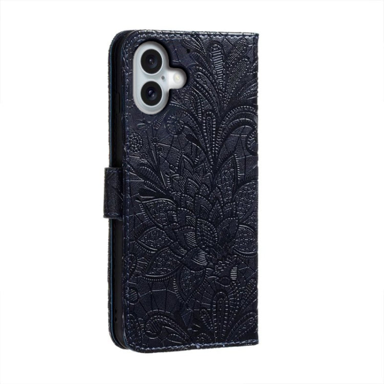 For iPhone 16 Plus Lace Flower Embossing Flip Leather Phone Case