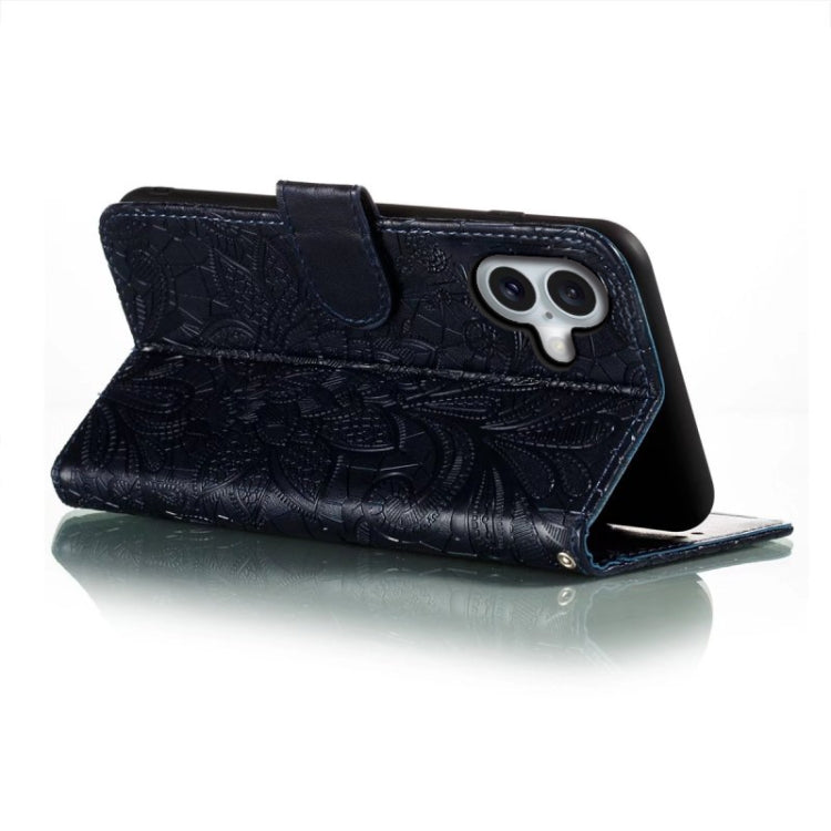 For iPhone 16 Plus Lace Flower Embossing Flip Leather Phone Case