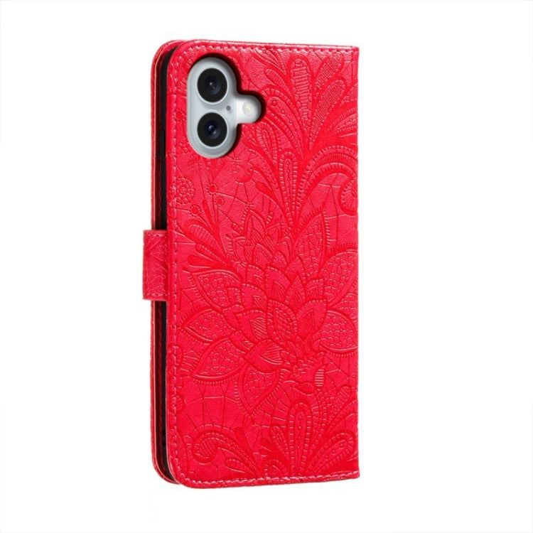 For iPhone 16 Plus Lace Flower Embossing Flip Leather Phone Case
