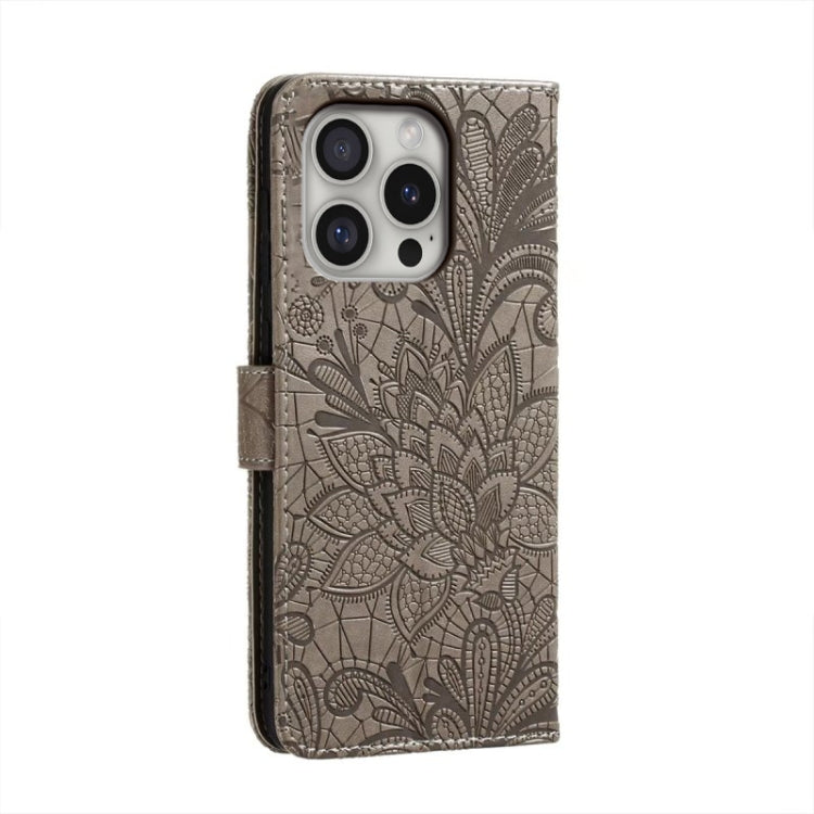 For iPhone 16 Pro Lace Flower Embossing Flip Leather Phone Case