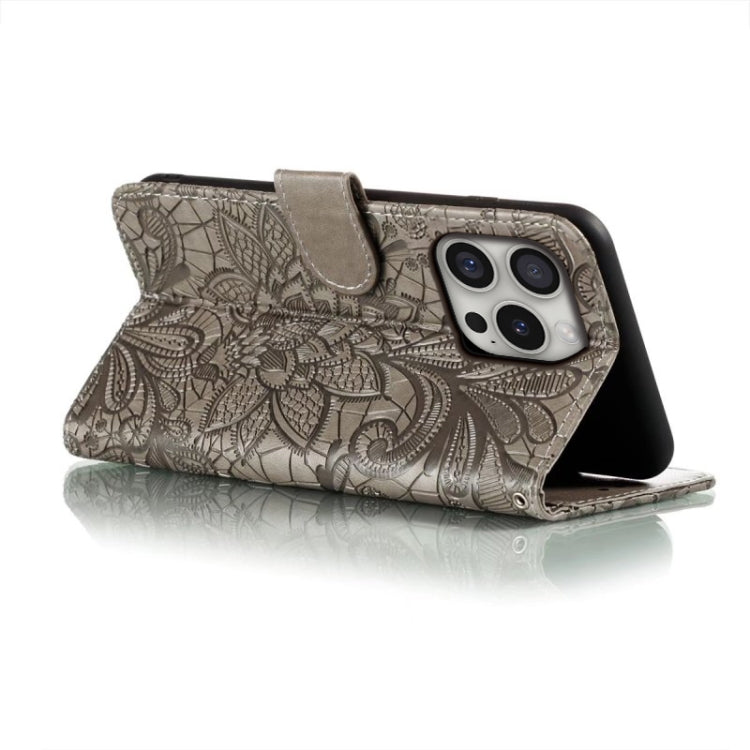 For iPhone 16 Pro Lace Flower Embossing Flip Leather Phone Case