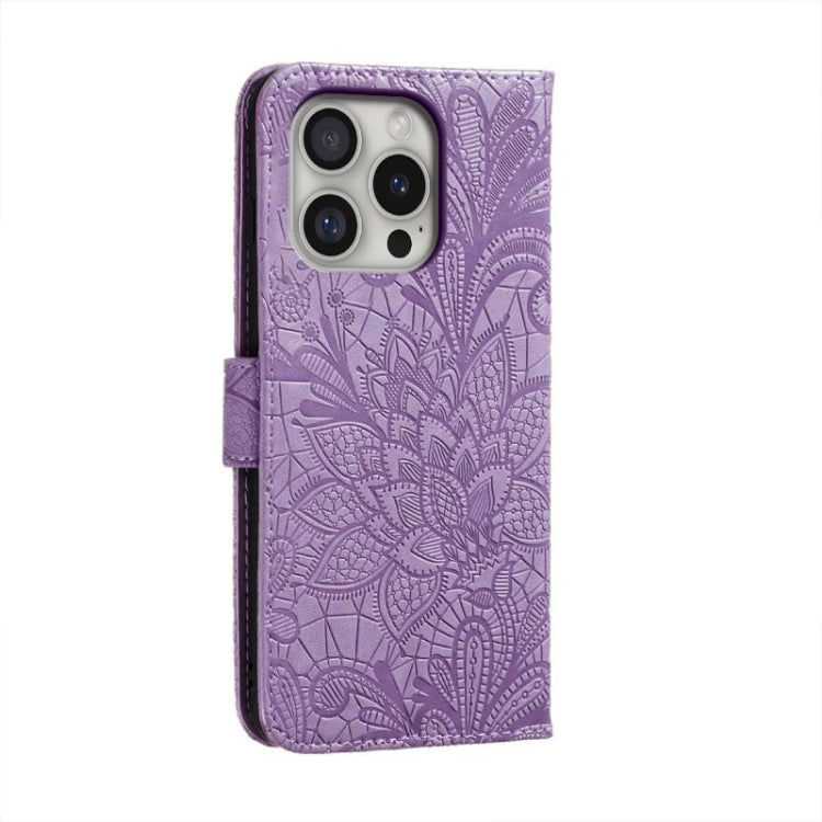 For iPhone 16 Pro Lace Flower Embossing Flip Leather Phone Case