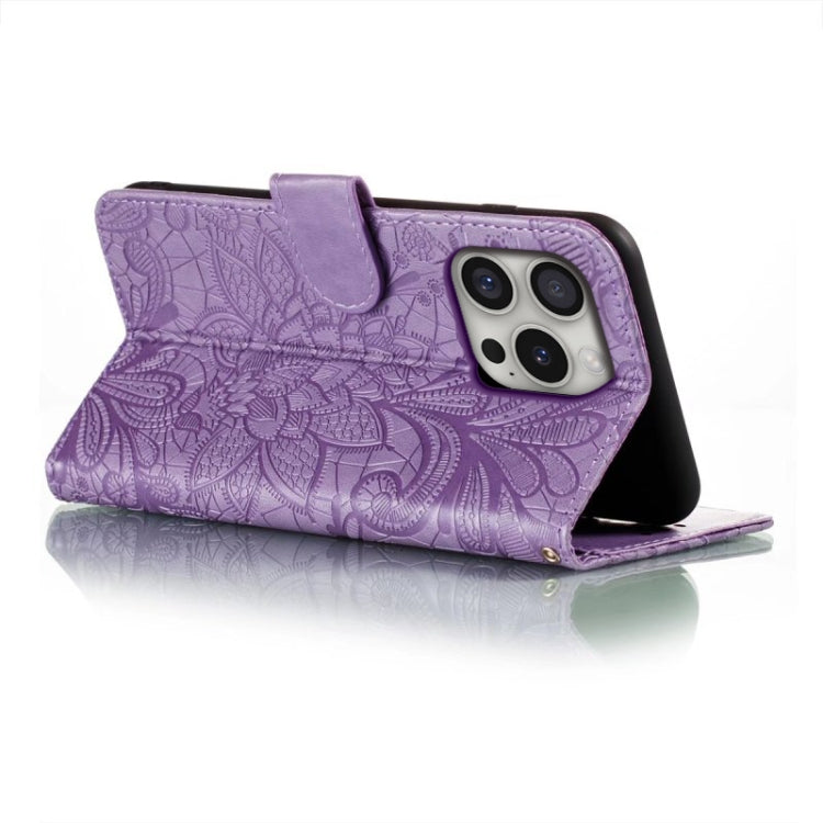 For iPhone 16 Pro Lace Flower Embossing Flip Leather Phone Case
