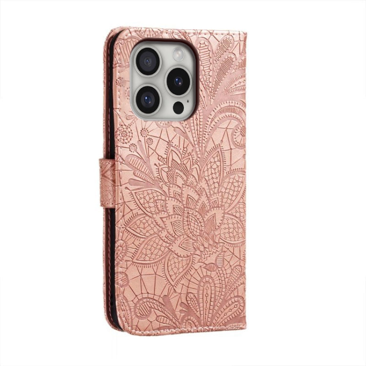 For iPhone 16 Pro Lace Flower Embossing Flip Leather Phone Case