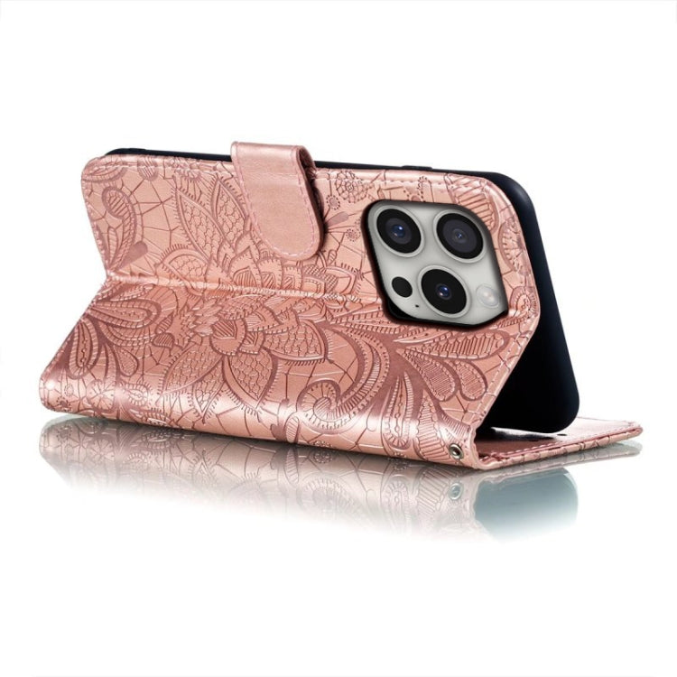 For iPhone 16 Pro Lace Flower Embossing Flip Leather Phone Case