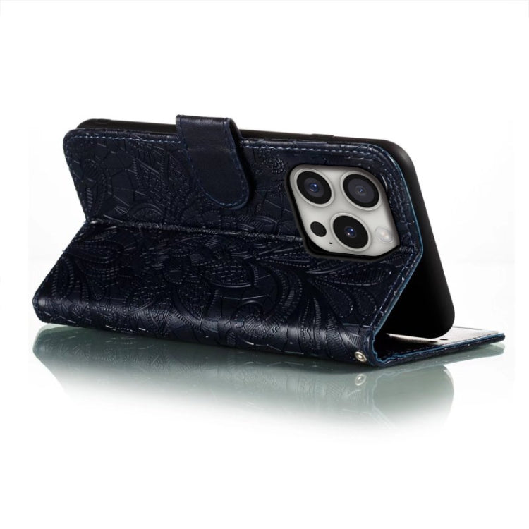 For iPhone 16 Pro Lace Flower Embossing Flip Leather Phone Case