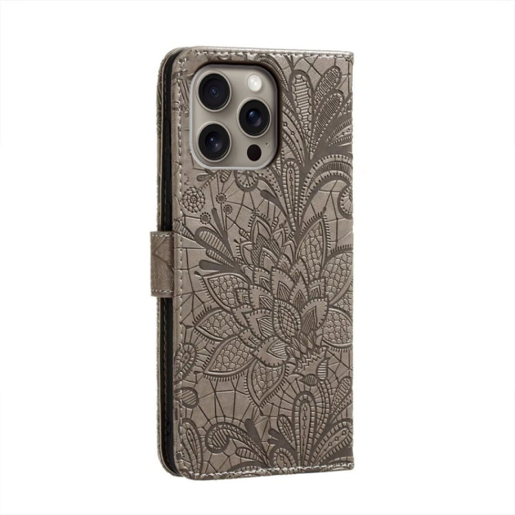 For iPhone 16 Pro Max Lace Flower Embossing Flip Leather Phone Case