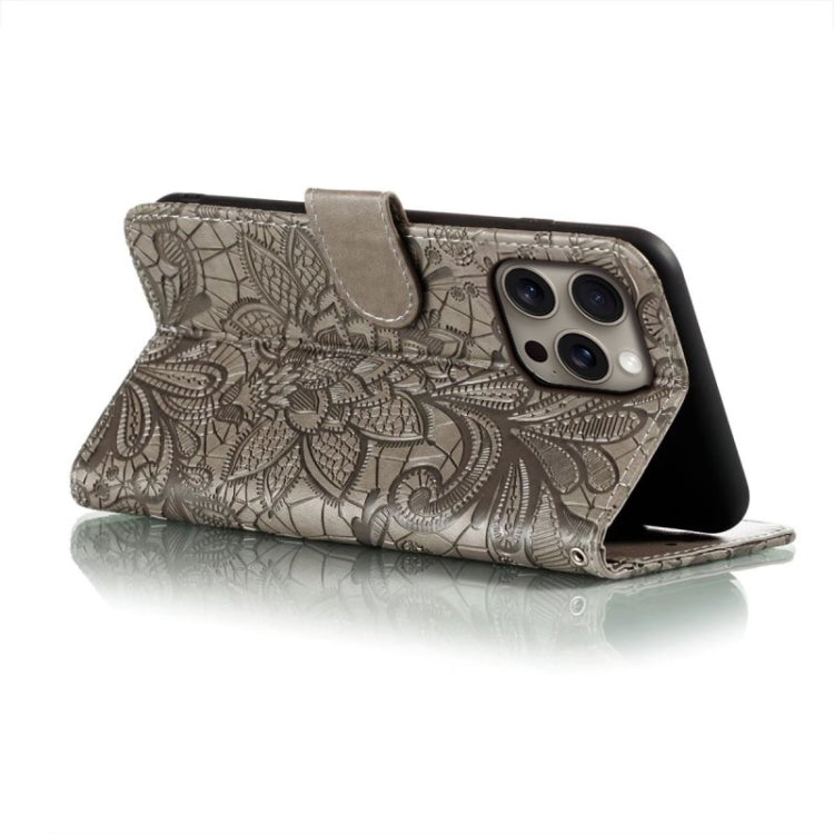 For iPhone 16 Pro Max Lace Flower Embossing Flip Leather Phone Case