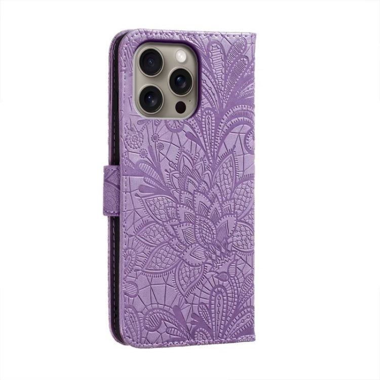 For iPhone 16 Pro Max Lace Flower Embossing Flip Leather Phone Case