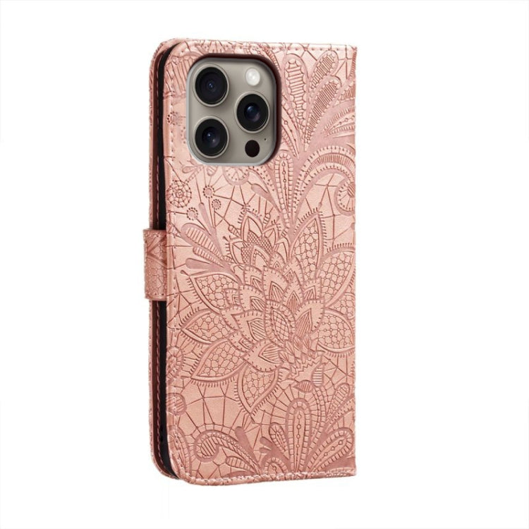 For iPhone 16 Pro Max Lace Flower Embossing Flip Leather Phone Case