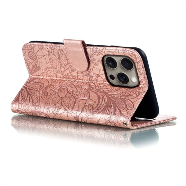 For iPhone 16 Pro Max Lace Flower Embossing Flip Leather Phone Case