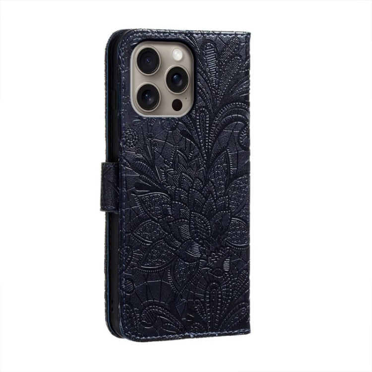 For iPhone 16 Pro Max Lace Flower Embossing Flip Leather Phone Case
