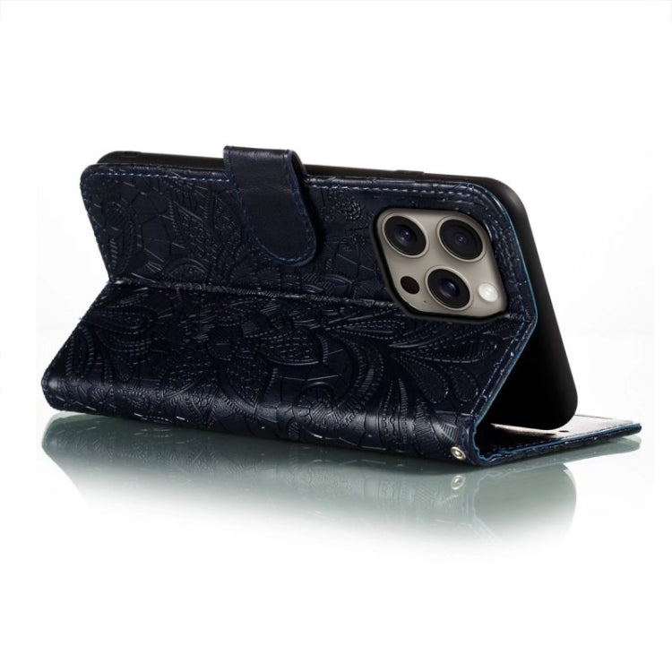 For iPhone 16 Pro Max Lace Flower Embossing Flip Leather Phone Case