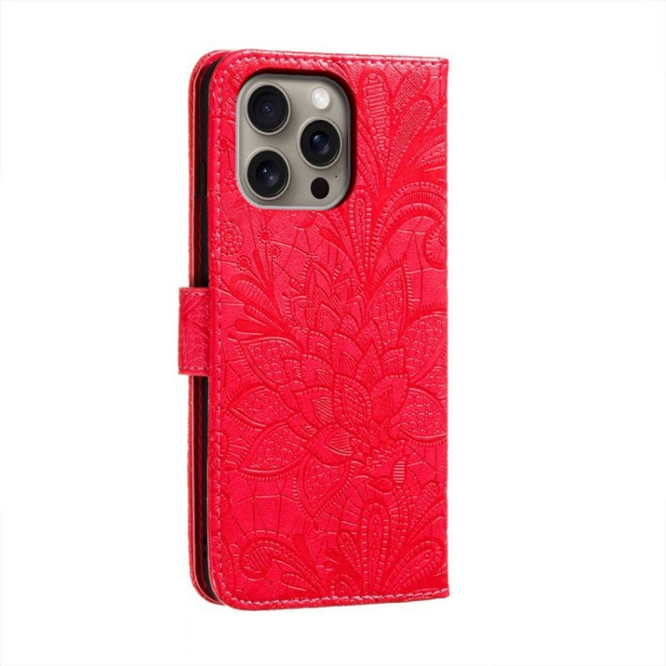 For iPhone 16 Pro Max Lace Flower Embossing Flip Leather Phone Case