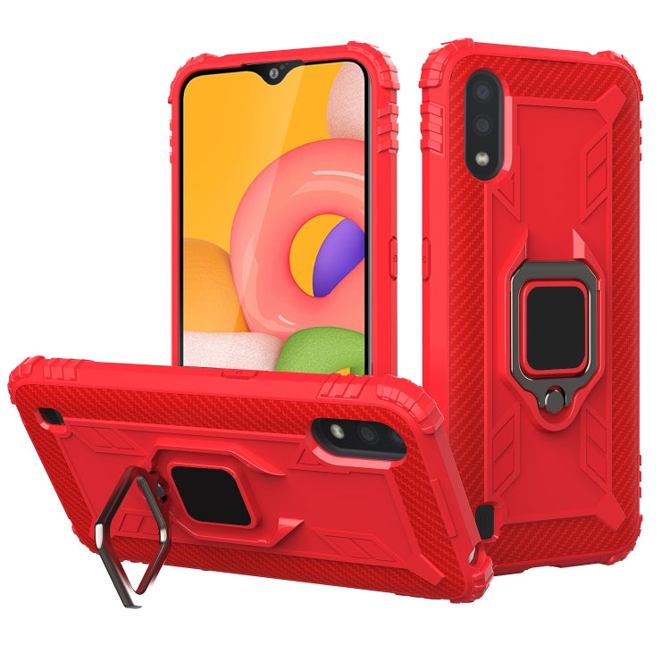For Samsung Galaxy A01 (US Version) Carbon Fiber Protective Case with 360 Degree Rotating Ring Holder