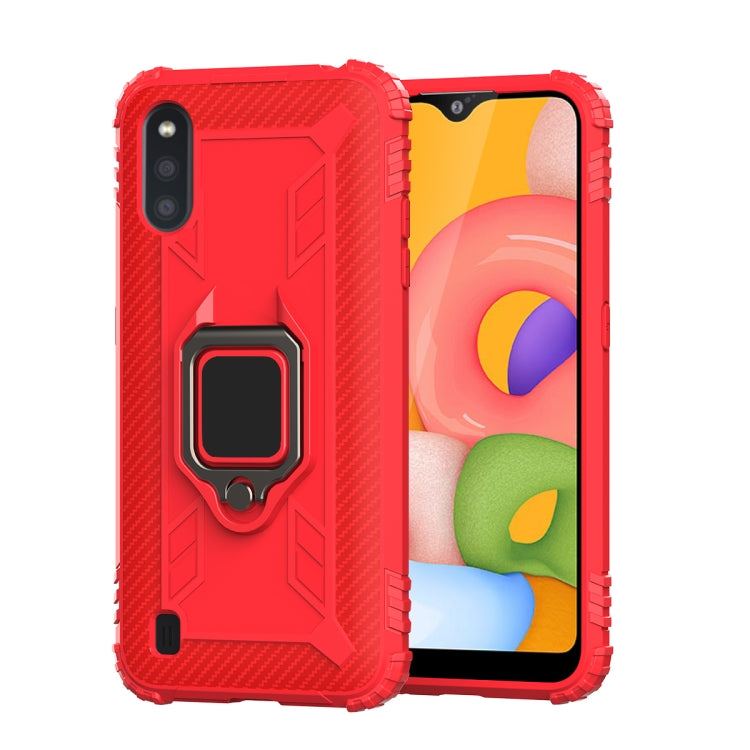 For Samsung Galaxy A01 (US Version) Carbon Fiber Protective Case with 360 Degree Rotating Ring Holder