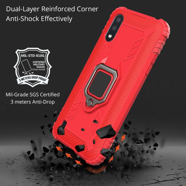 For Samsung Galaxy A01 (US Version) Carbon Fiber Protective Case with 360 Degree Rotating Ring Holder