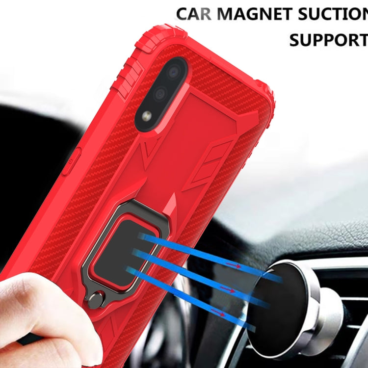 For Samsung Galaxy A01 (US Version) Carbon Fiber Protective Case with 360 Degree Rotating Ring Holder
