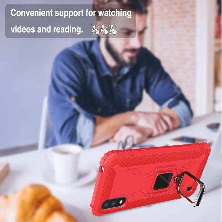 For Samsung Galaxy A01 (US Version) Carbon Fiber Protective Case with 360 Degree Rotating Ring Holder
