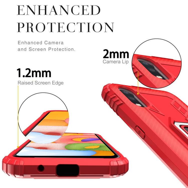 For Samsung Galaxy A01 (US Version) Carbon Fiber Protective Case with 360 Degree Rotating Ring Holder