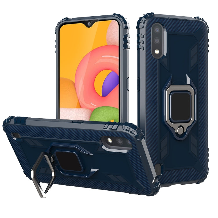 For Samsung Galaxy A01 (US Version) Carbon Fiber Protective Case with 360 Degree Rotating Ring Holder