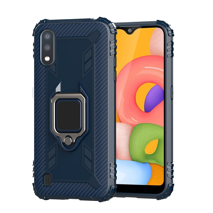 For Samsung Galaxy A01 (US Version) Carbon Fiber Protective Case with 360 Degree Rotating Ring Holder