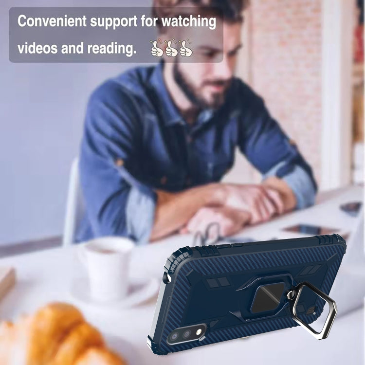 For Samsung Galaxy A01 (US Version) Carbon Fiber Protective Case with 360 Degree Rotating Ring Holder